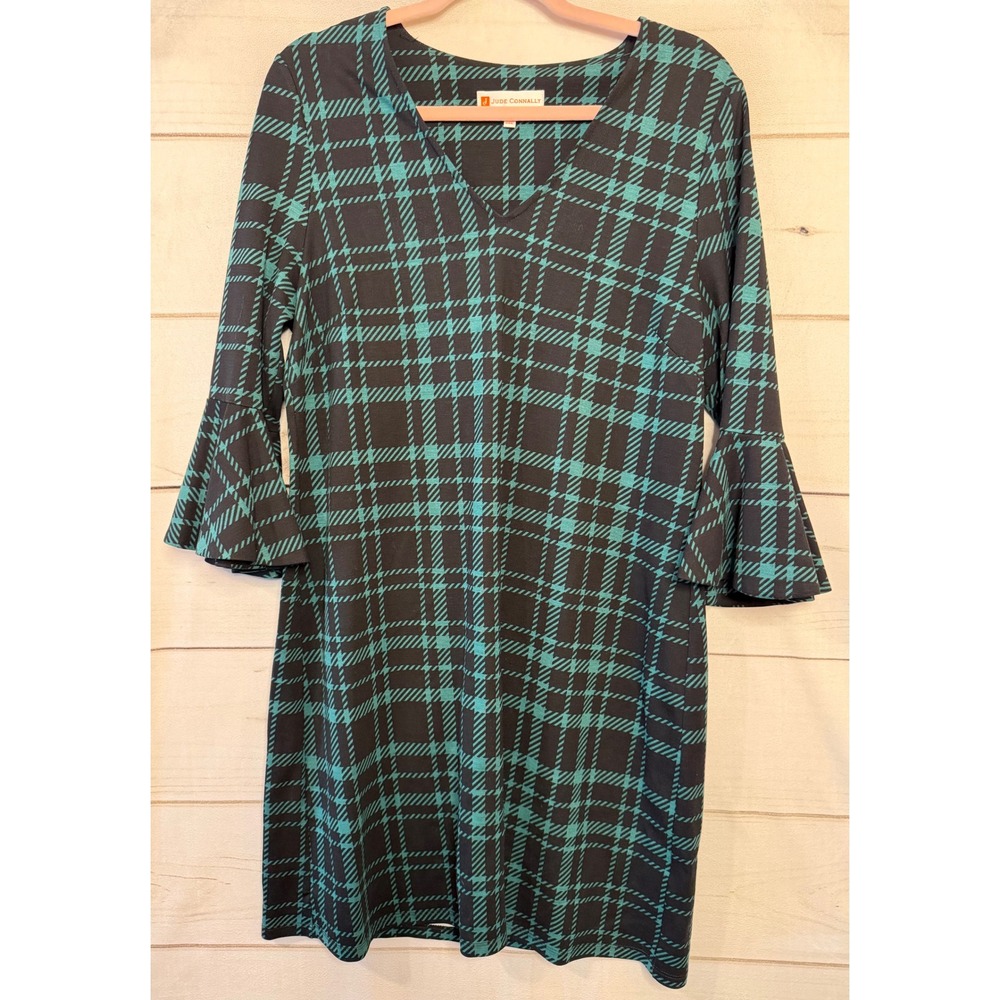 Jude‎ Connally Teal Black Plaid V-Neck Bell Sleeve Shift Dress Jude Cloth L
